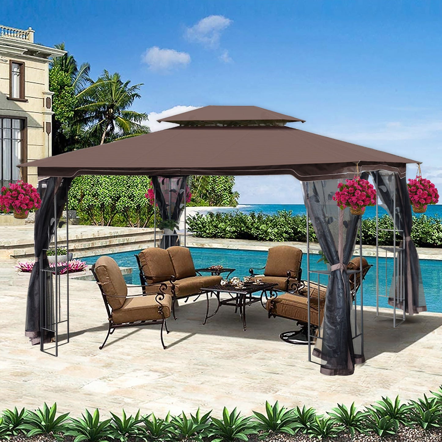 Patio Gazebo Tent With Ventilated Double Roof And Mosquito Net For Backyard Or Garden Home Essentials