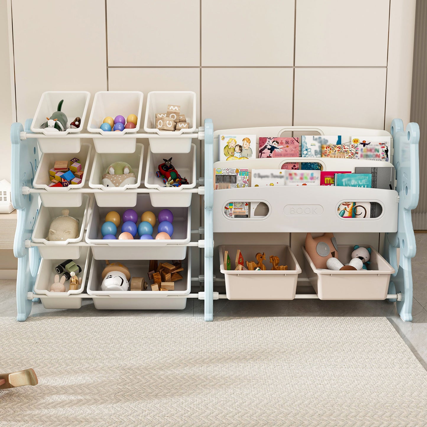Kids Toy Storage Organizer With 2 Tier Bookshelf, Toy Storage With 12 Bins Home Essentials