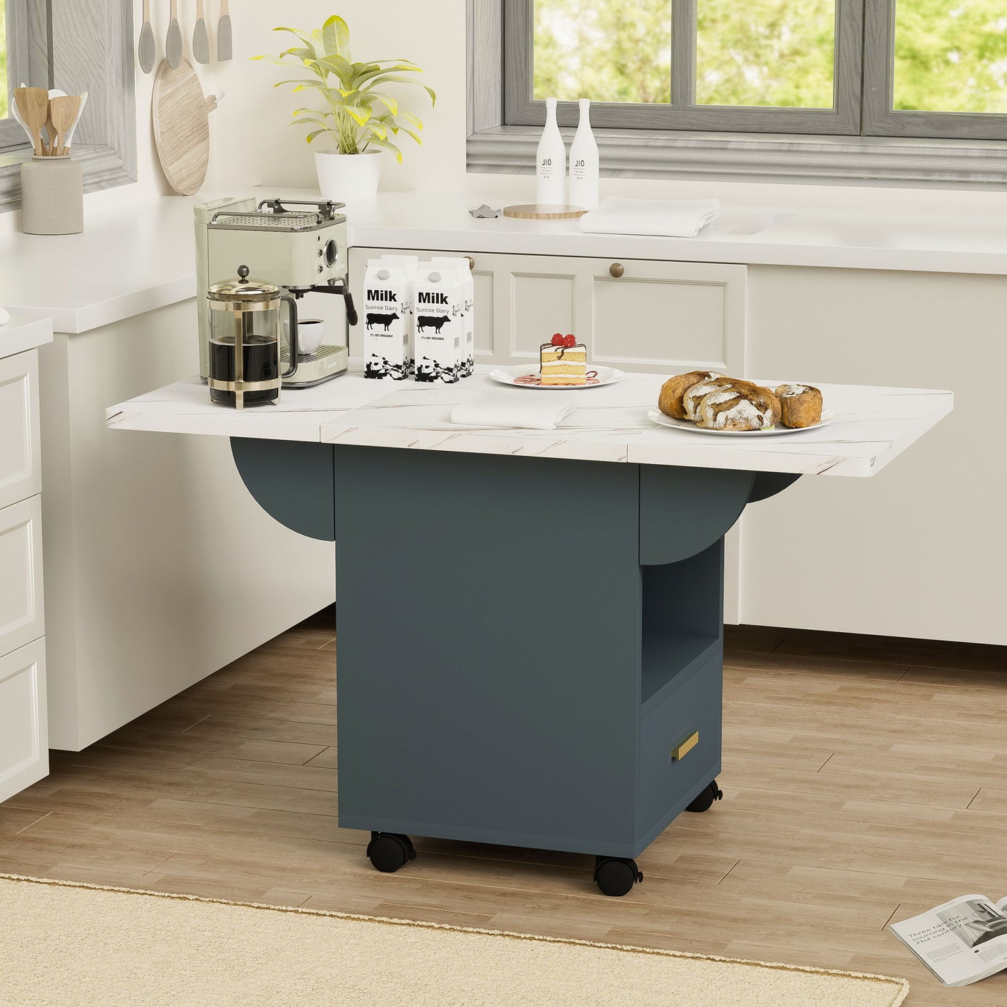 Versatile Wood Folding Dining Table With Wheels, Storage Rack & Drawer, Space Saving Design - White Home Essentials