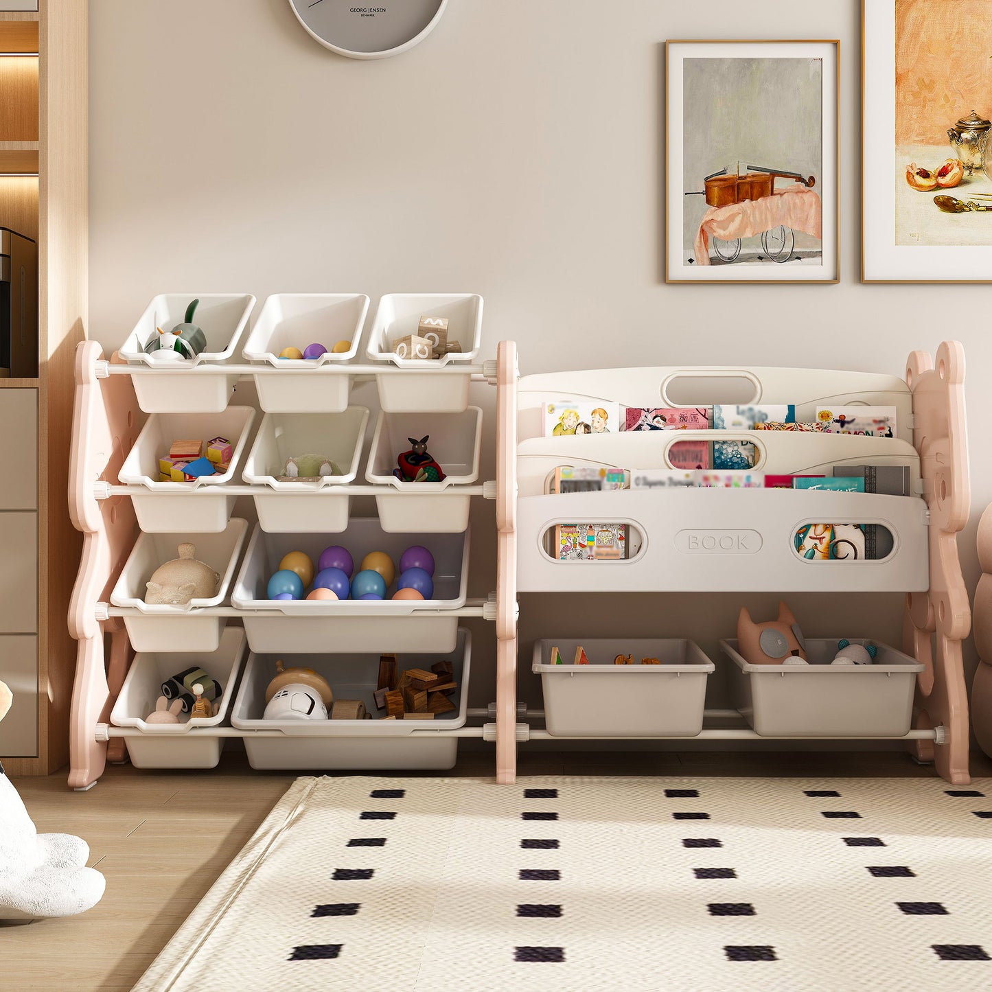 Kids Toy Storage Organizer With 2 Tier Bookshelf, Toy Storage With 12 Bins Home Essentials