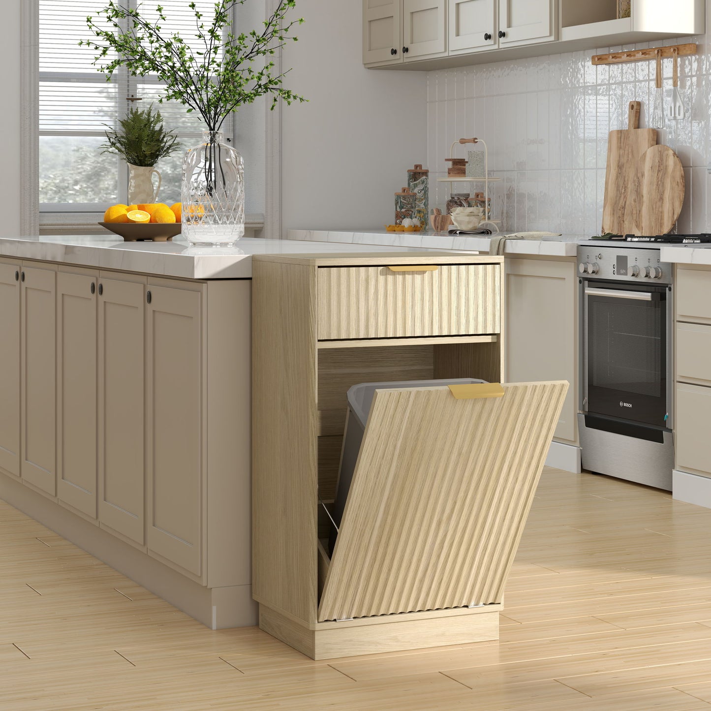 Tilt Out Trash Can Cabinet With Wave Textured Drawer & Pull Out Bin Home Essentials