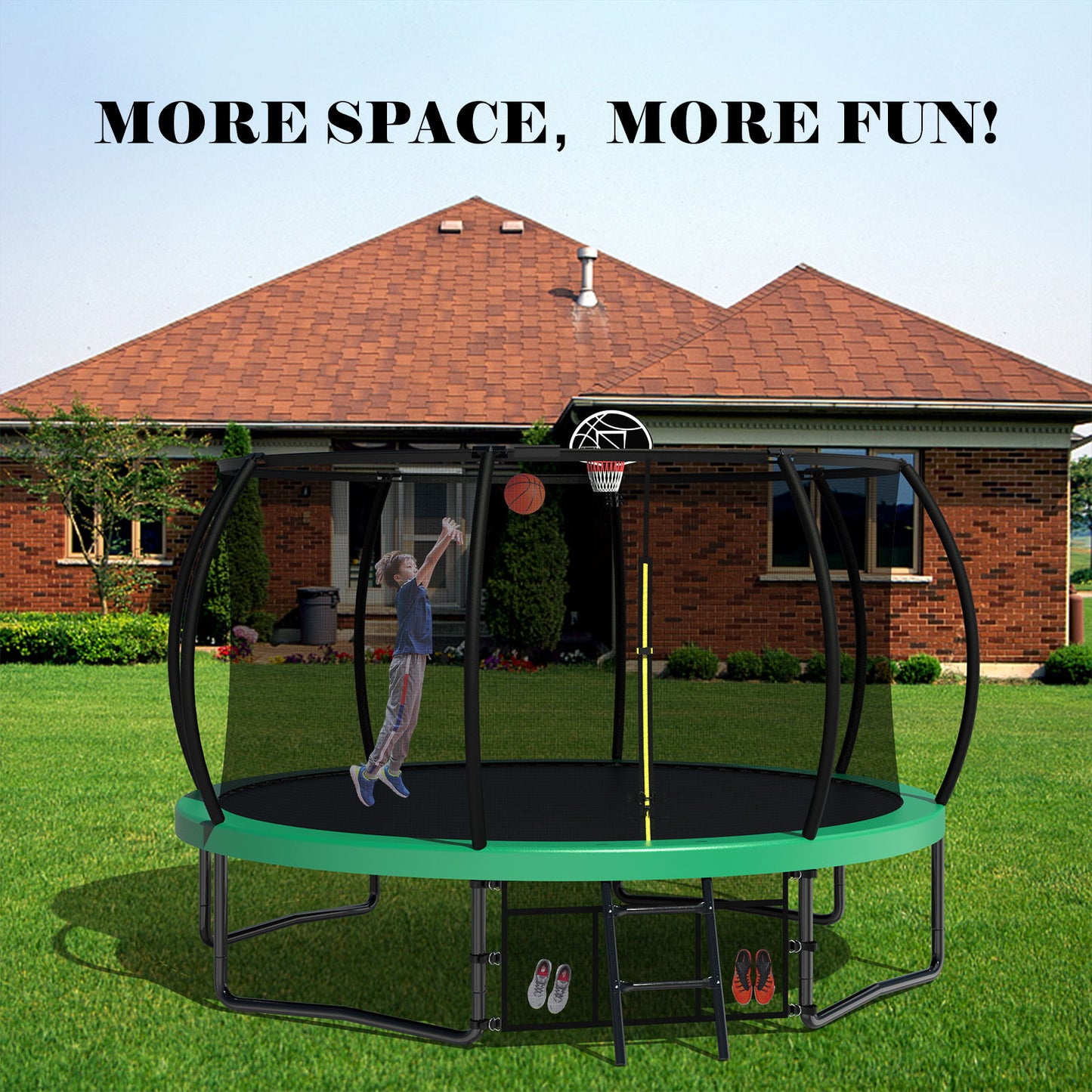 12' Recreational Kids Trampoline With Safety Enclosure Net & Ladder, Outdoor Recreational Trampolines Daily Nest