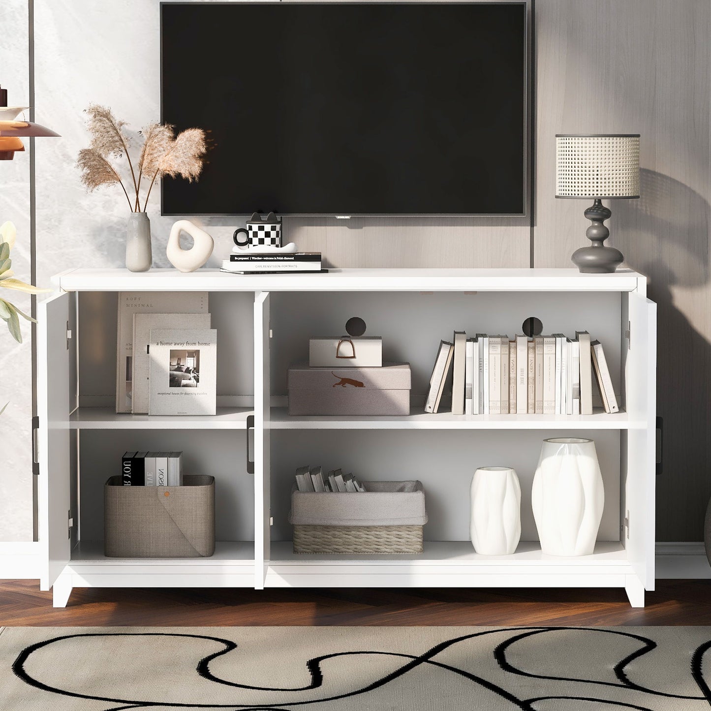 TV Stand For TVs Up To 65", Modern Entertainment Center Media Console Cabinet With 2 Spacious Storage Space, Solid Wood Legs For Living Room Hearth and Haven