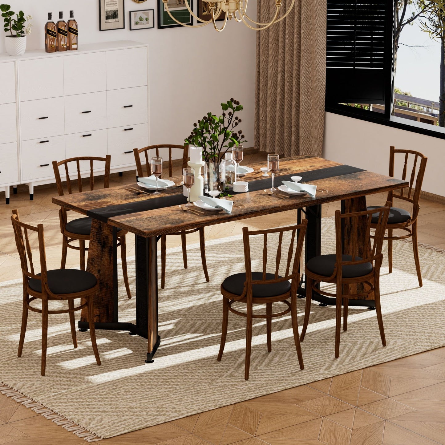 Rustic Rectangular Large Dining Table, Waterproof Desk For 8 People, & Steel With Adjustable Legs - Black / Rustic Brown Home Essentials