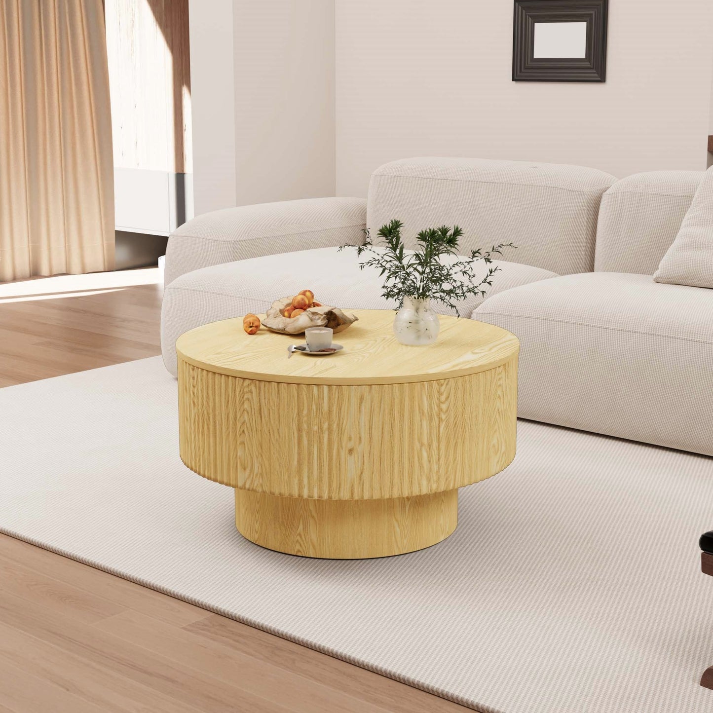Round Coffee Table With 2 Dining Chairs Set, Ring Striped Design - Beige / Wood Home Essentials