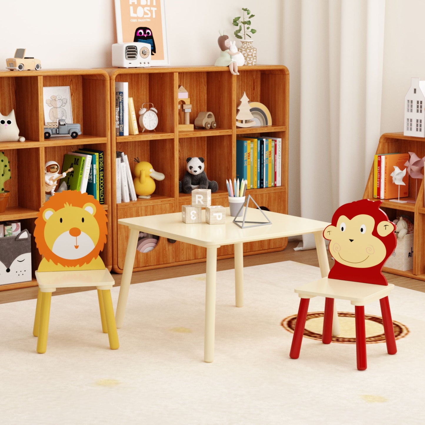 Kids Table And 2 Chairs Set, 3 Pieces Toddler Table And Chair Set, Wooden Activity Play Table Set (Lion&Monkey) - Natural Home Essentials