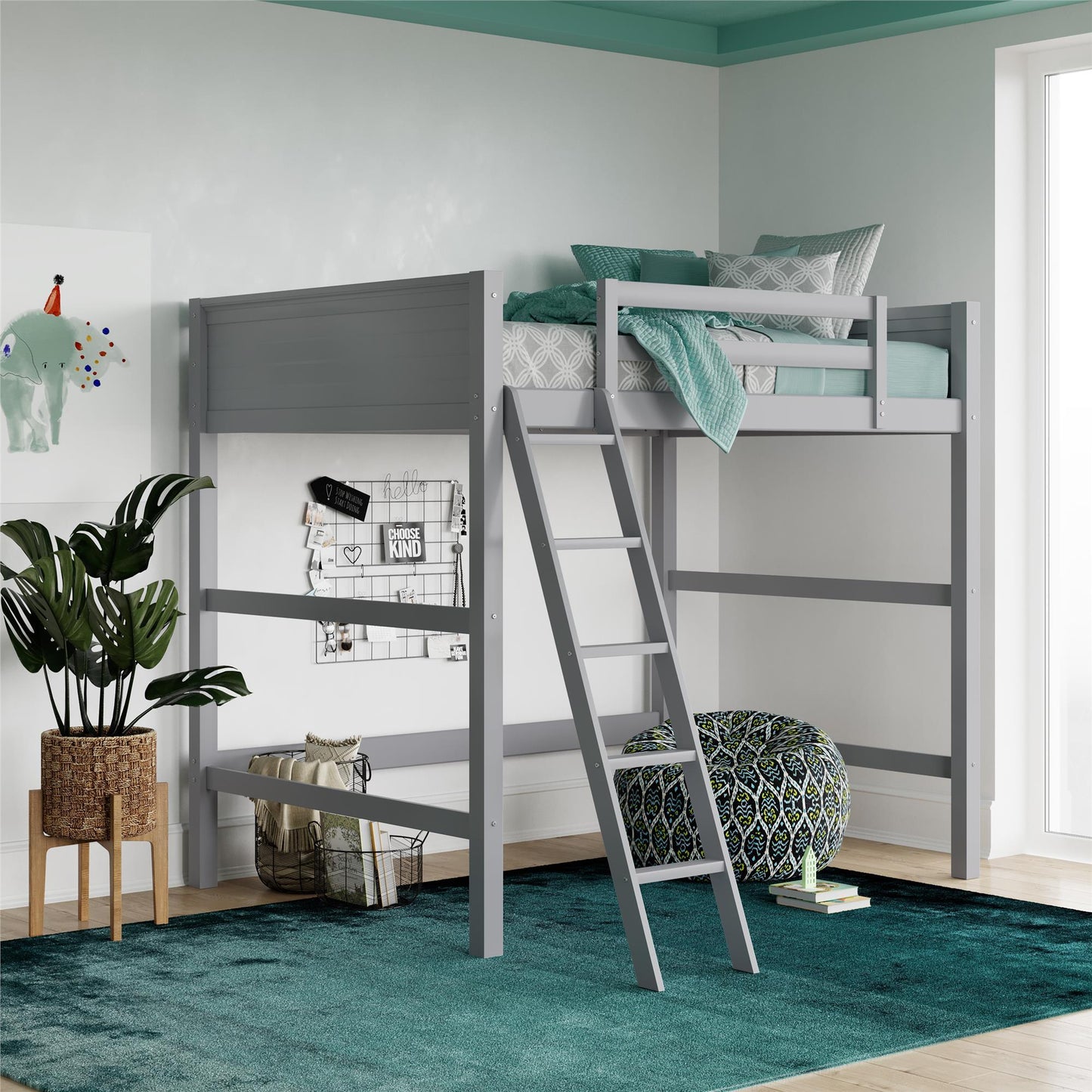 Denver - Full Size Loft Bed, Spacious Under Bed Space, Ladder & Guardrails - Gray Home Essentials