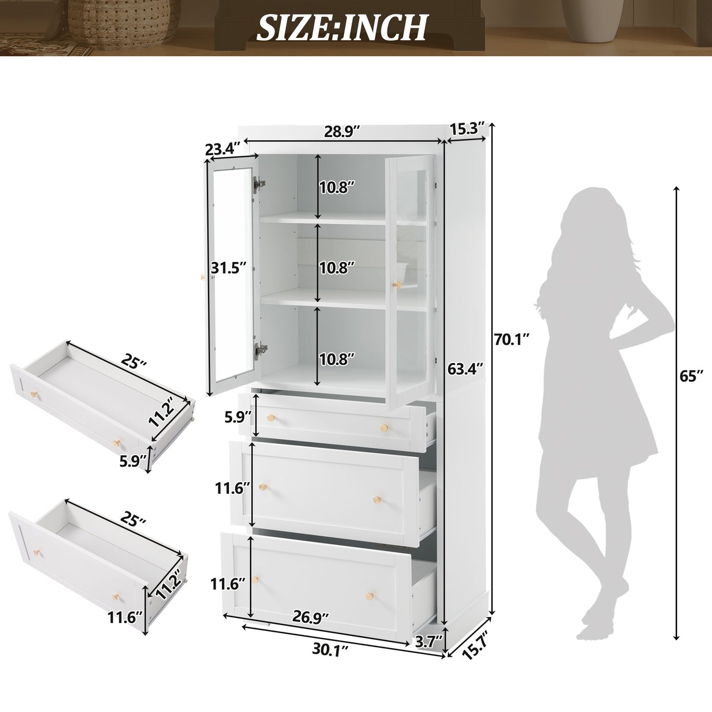Freestanding Tall Bathroom Cabinet With Adjustable Shelves, Drawers, Soft Close Glass Doors Hearth and Haven