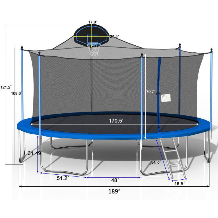 16Ft Trampoline For Adults & Kids With Basketball Hoop, Double-Sided Cover, Outdoor Trampolines With Ladder And Safety Enclosure Net For Kids And Adults - Blue Daily Nest