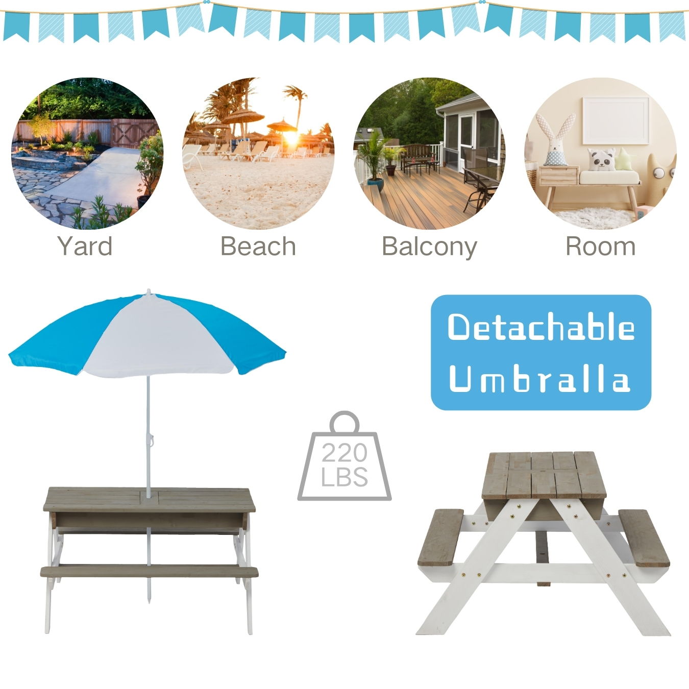 Wooden Kids Picnic Table, Sand And Water Table With Umbrella, Activity Table For Outdoor Backyard Patio Play - White / Gray Home Essentials