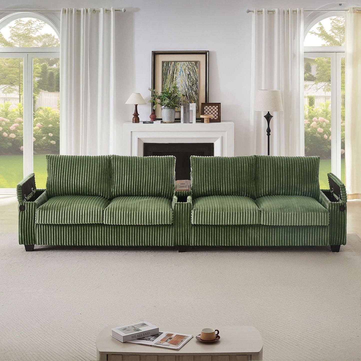 Modern 4 Seater Corduroy Sofa Couch With USB Ports And Hidden Storage Hearth and Haven