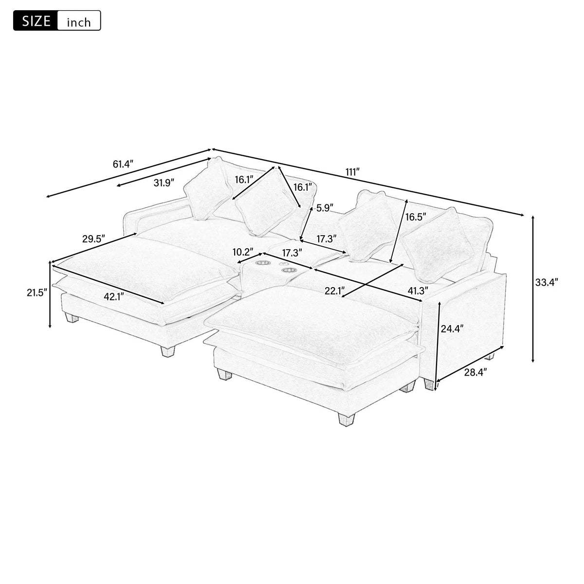 Sectional Sofa With Removable Ottomans, USB Ports, Cup Holders & Storage - Gray / Light Blue Hearth and Haven