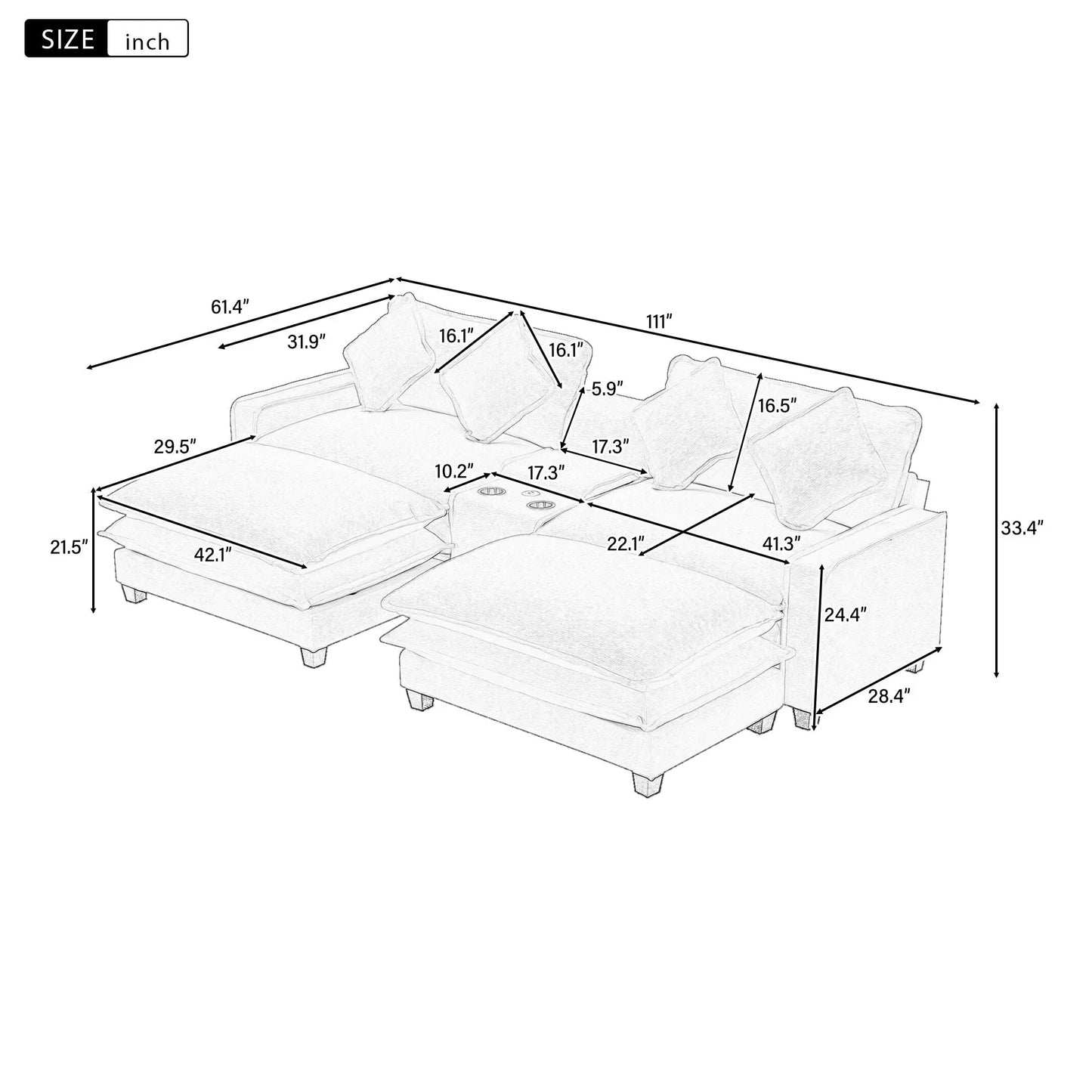 Modern Sectional Sofa With Removable Ottomans, USB Ports Hearth and Haven