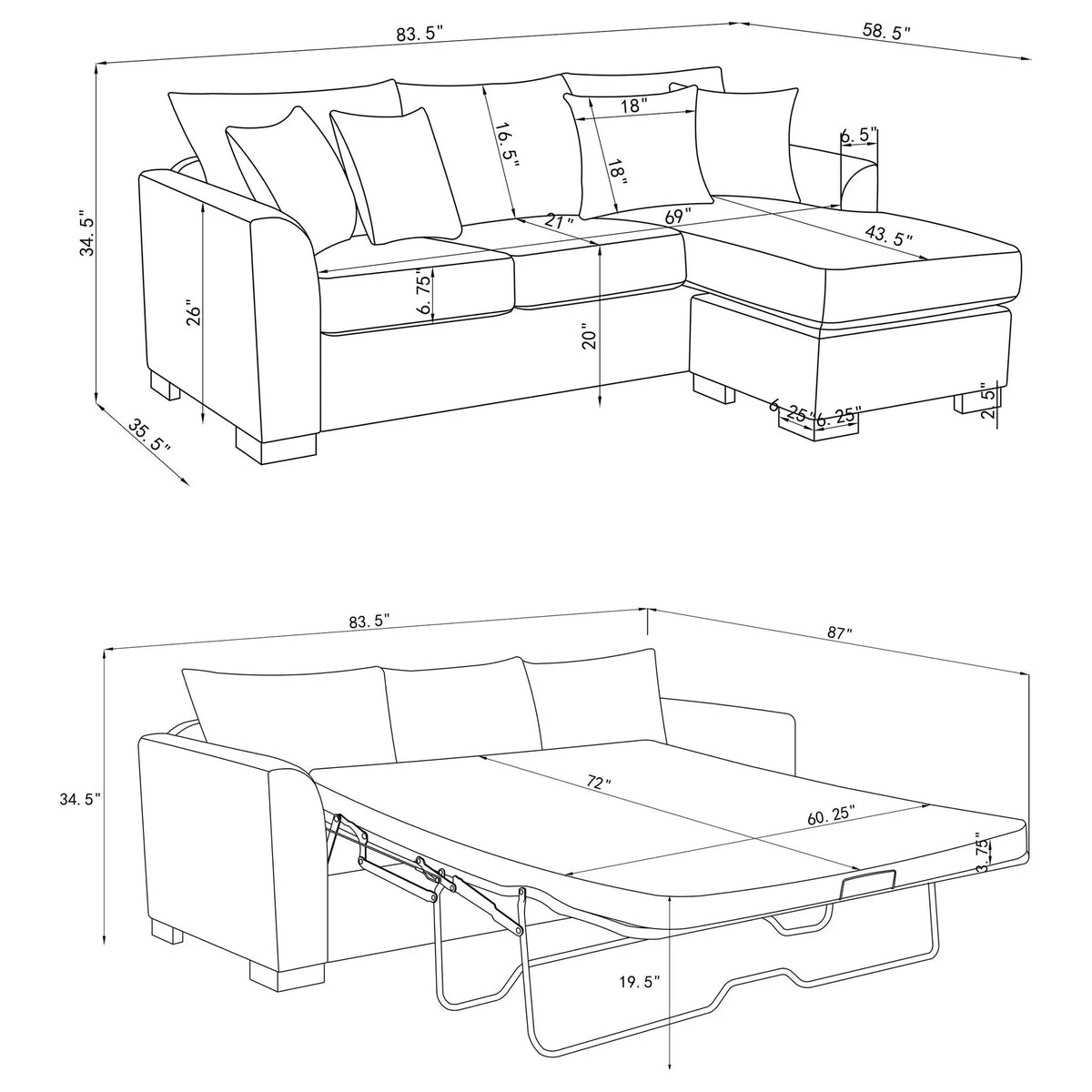 Pacheco - Upholstered Sleeper Sectional Chaise Sofa With Pocket Coils And Reversible Cushions - Dark Gray Furniture Max