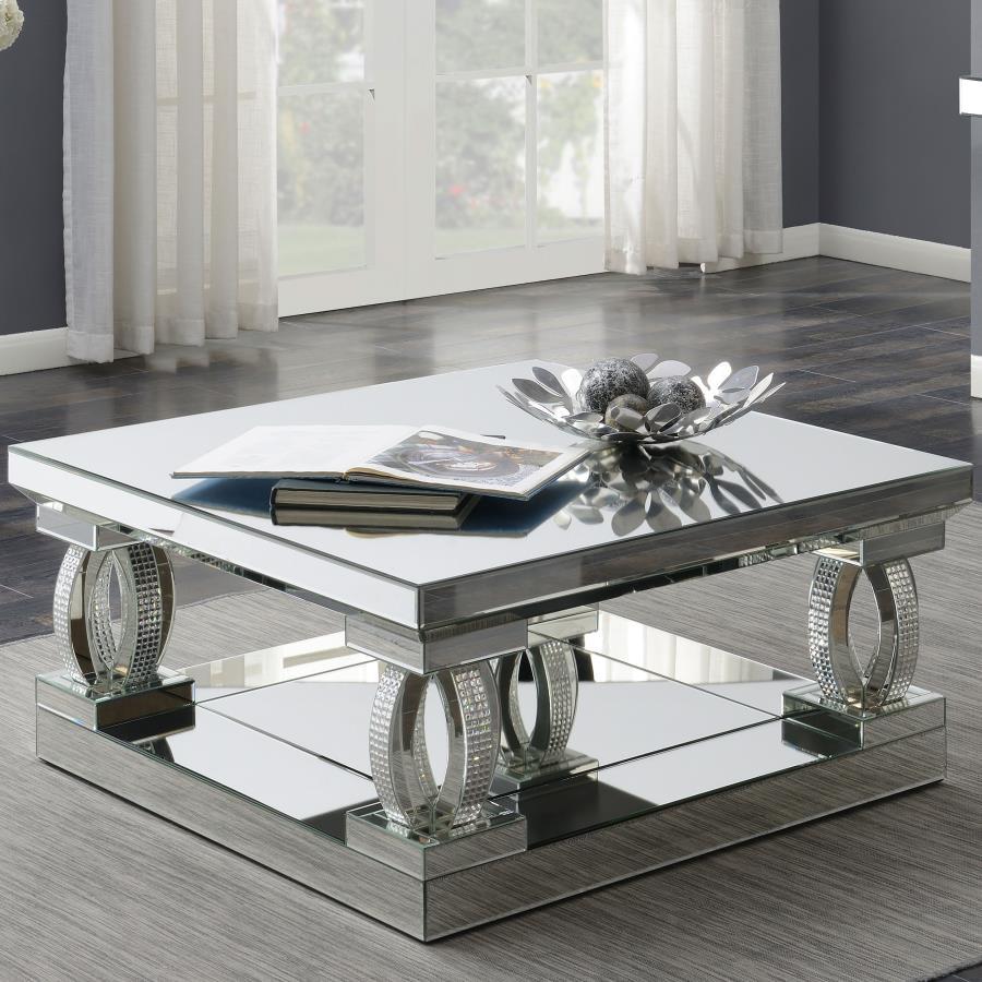 Amalia - Square Mirrored Acrylic Crystal Coffee Table - Silver CoasterElevations