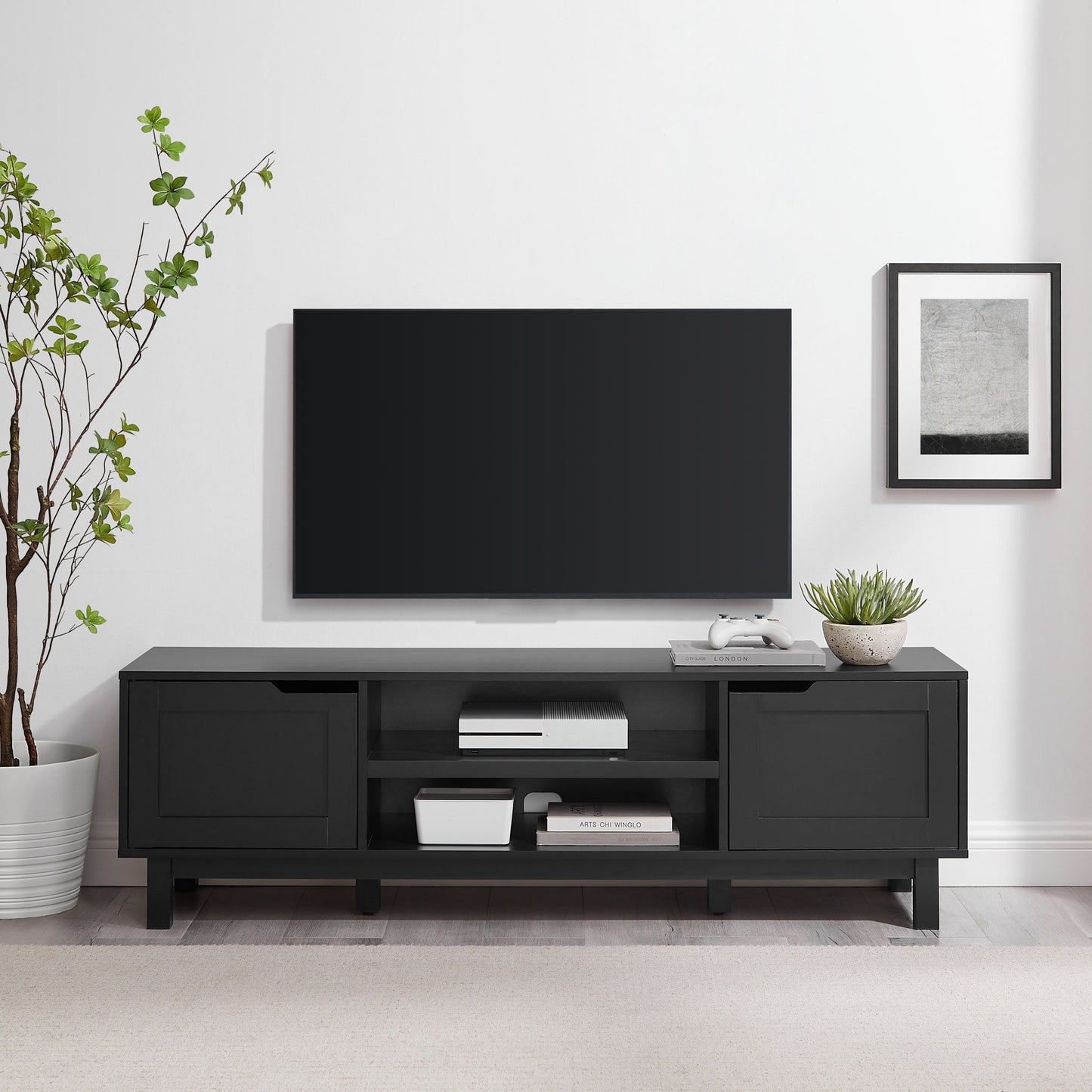 Modern 2 Door Open Storage TV Stand For TVs Up To 65" - Solid Black Walker Edison