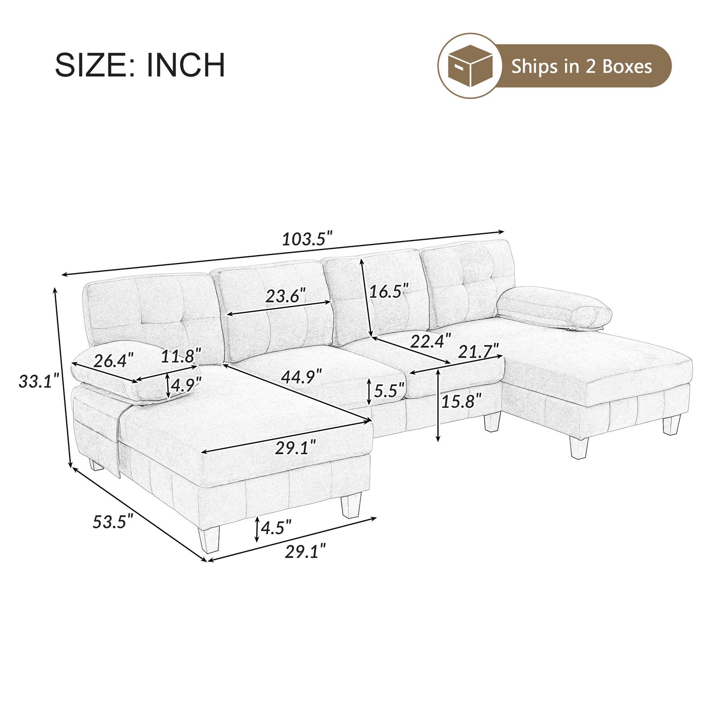 U-Shaped Sectional Sofa 103.5" Black Chenille Fabric Couch With Dual Chaise Lounges, Storage Pockets, Armrest Pillows Hearth and Haven