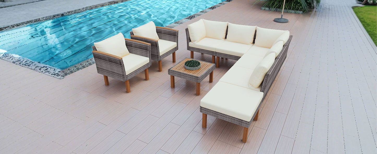 9 Piece Patio Rattan Furniture Set, Outdoor Conversation Set With Acacia Wood Legs And Tabletop, PE Rattan Sectional Sofa Set With Coffee Table, Washable Cushion Hearth and Haven