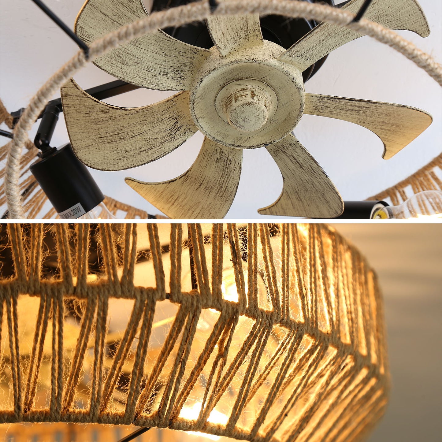 20" New Boho Caged Ceiling Fan With Enclosed Rattan 6 Speeds Remote Control Reversible Dc Motor For Living Room - Rattan Daily Nest