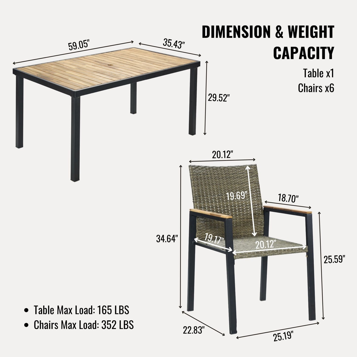 All Weather 7 Piece Patio Dining Table Set With Umbrella Hole - Brown / Gray Home Essentials