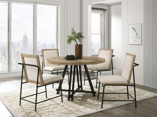 Tate - Round Dining Table With Cream Color Upholstered Chairs (Set of 5) - Oak Finish Lilola Home