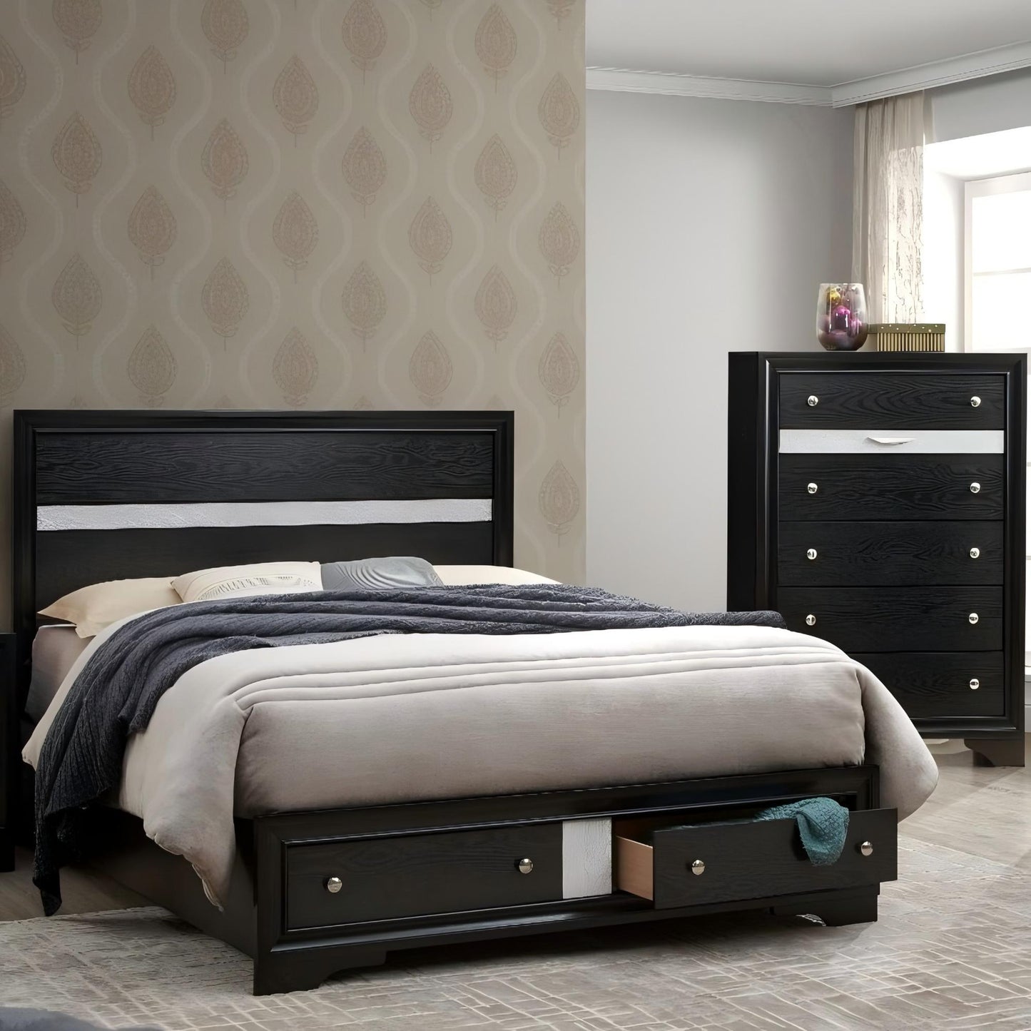 Madrid - Queen Bed With Storage Drawers And Nickel Handles - Black Glory Furniture