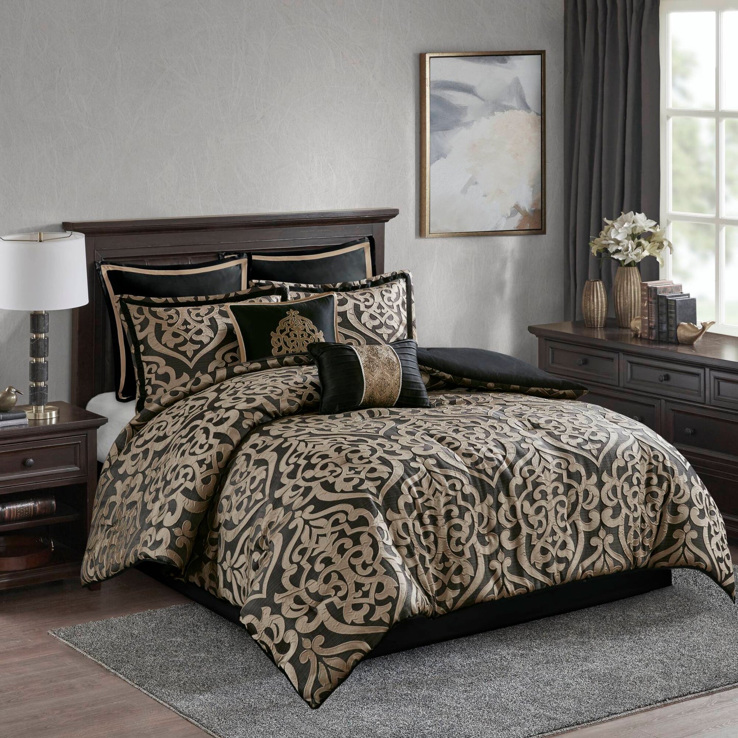 Odette - 8 Piece King Comforter Set - Black Madison Park