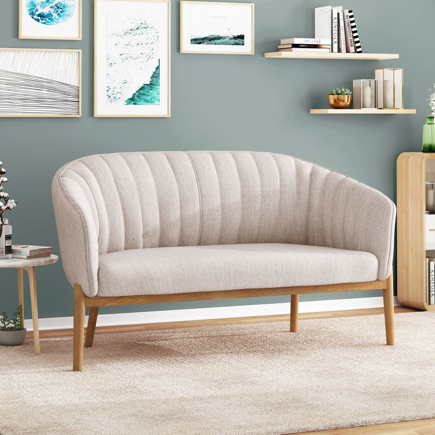Mid Century Modern Loveseat With Channel Stitched Backrest Noble House