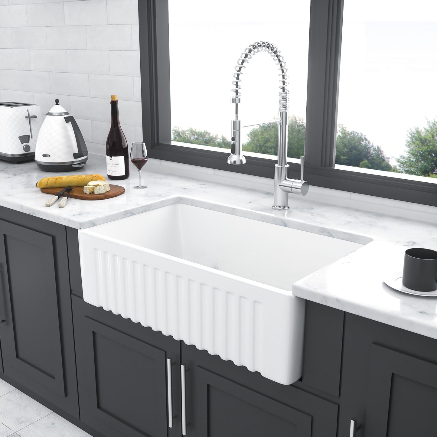 Sink 30" Apron Front Reversible Single Bowl Kitchen Sink With Grid And Strainer - White Daily Nest