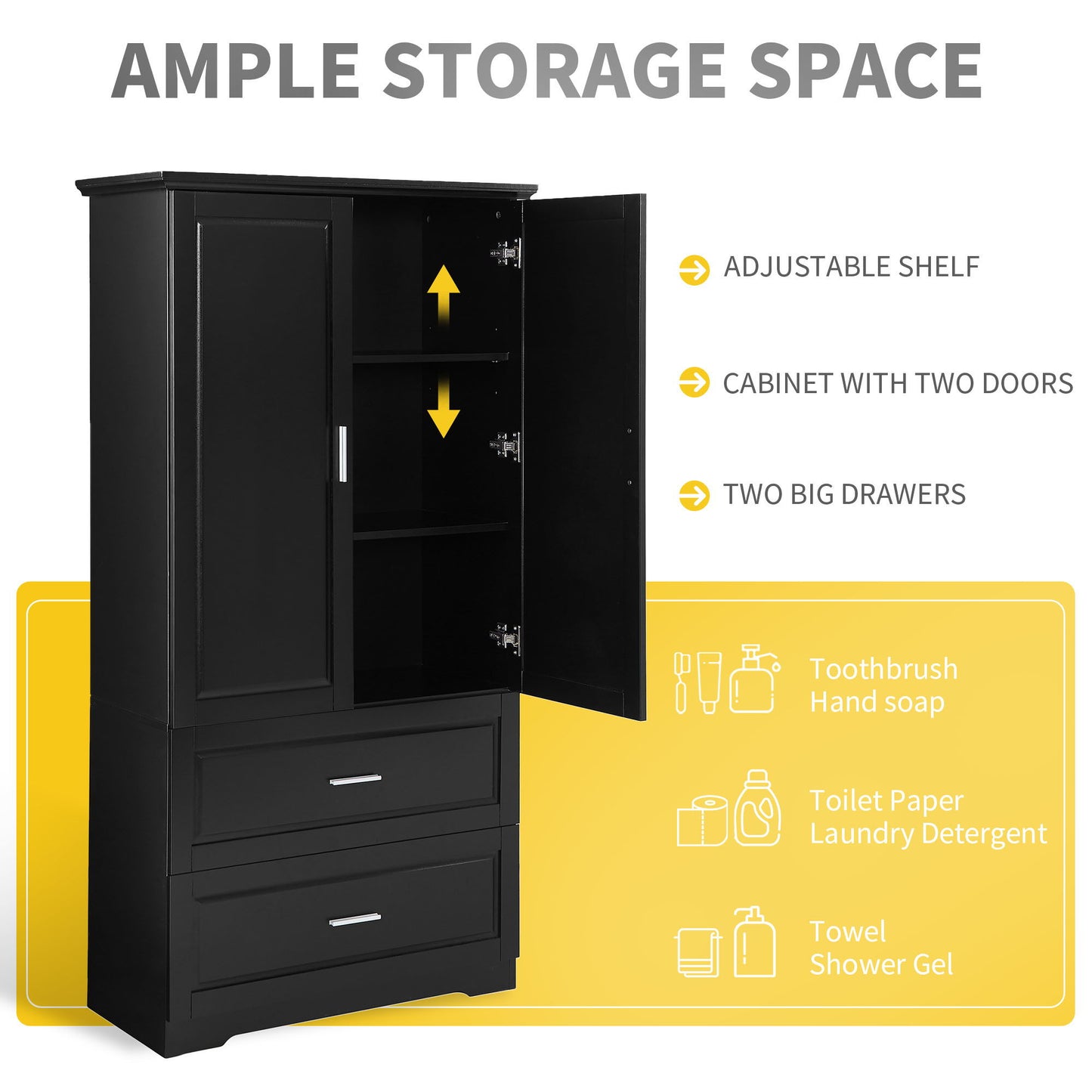 Tall Bathroom Storage Cabinet, Cabinet With 2 Doors And Drawers, Adjustable Shelf Hearth and Haven