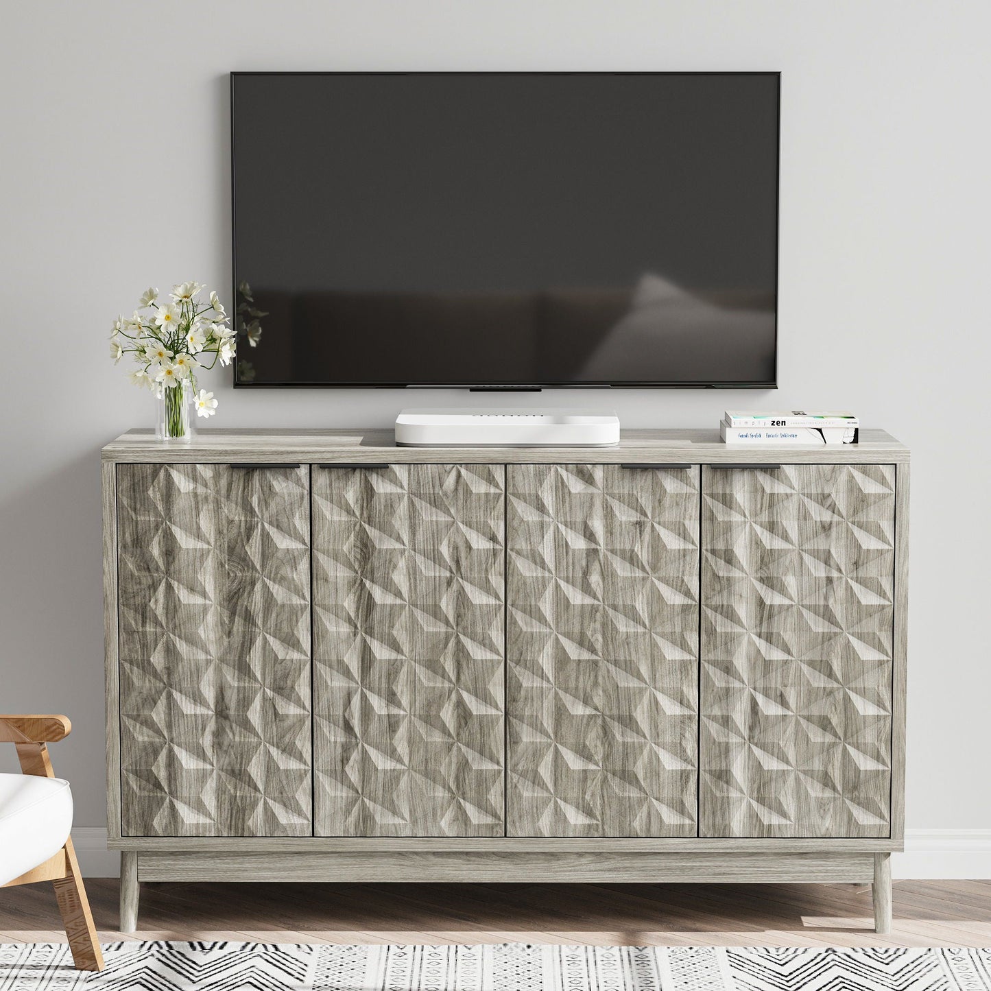 Modern Style Buffet Cabinet, Sideboard Buffet Cabinet With Storage, Storage Cabinet With 4 Diamond Shaped Relief Doors For Living Room, Dining Room, Entryway, Hallway, Kitchen - Gray - Gray Home Essentials