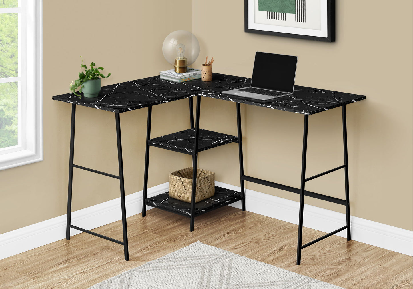 Computer Desk, Home Office, Corner, Storage Shelves, L Shape, Work, Laptop, Marble Look Laminate, Contemporary, Modern 8th Street