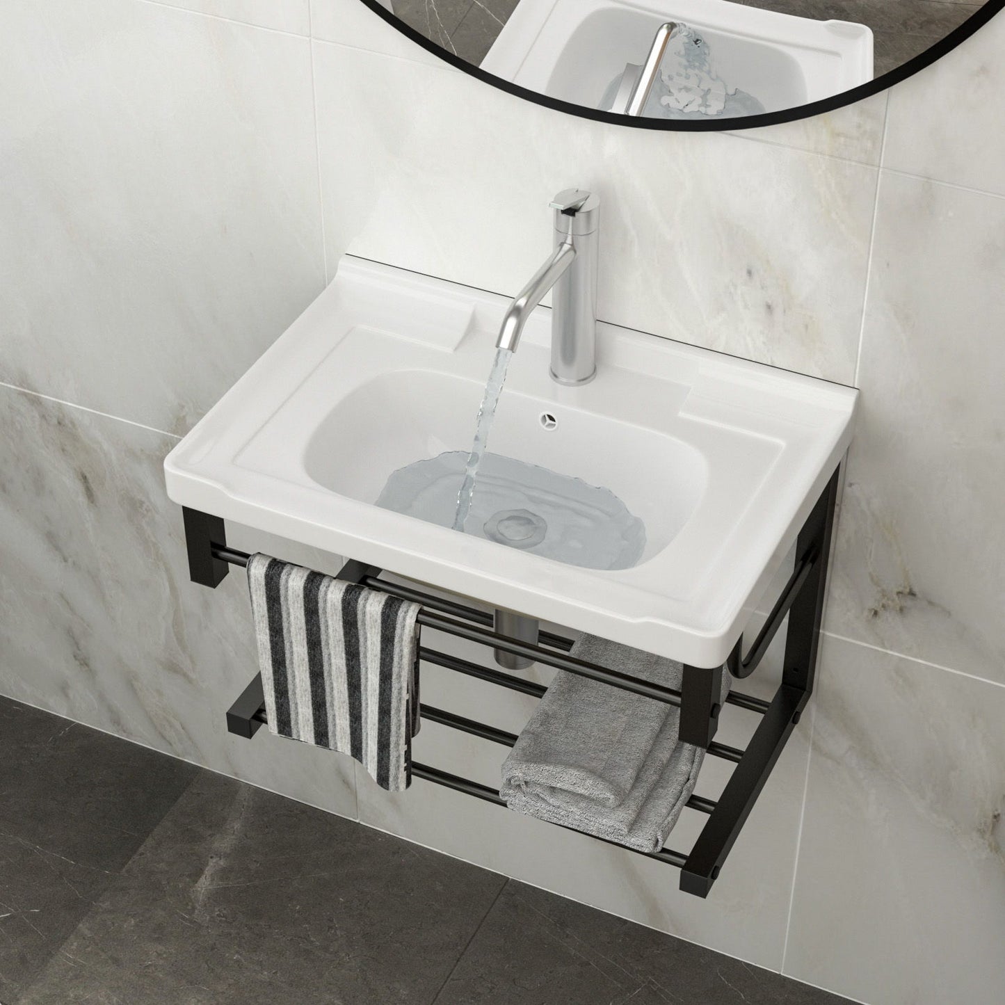 Wall Mounted Rectangular Bathroom Sink With Towel Bar & Overflow - White Home Essentials