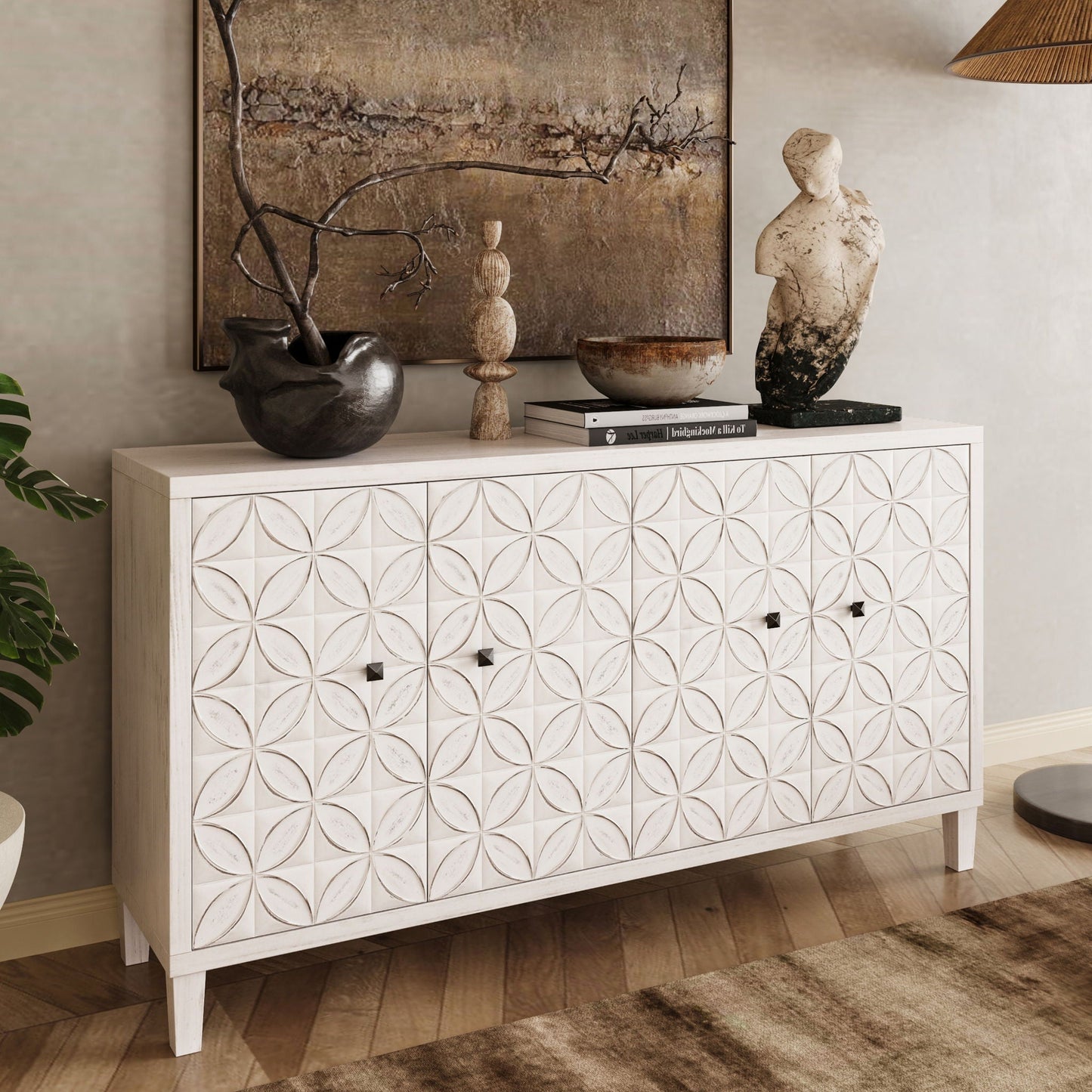 Accent Cabinet 4 Door Wooden Cabinet Sideboard Buffet Server Cabinet Storage Cabinet, For Living Room, Entryway, Hallway, Office, Kitchen And Dining Room - White Wash Home Essentials