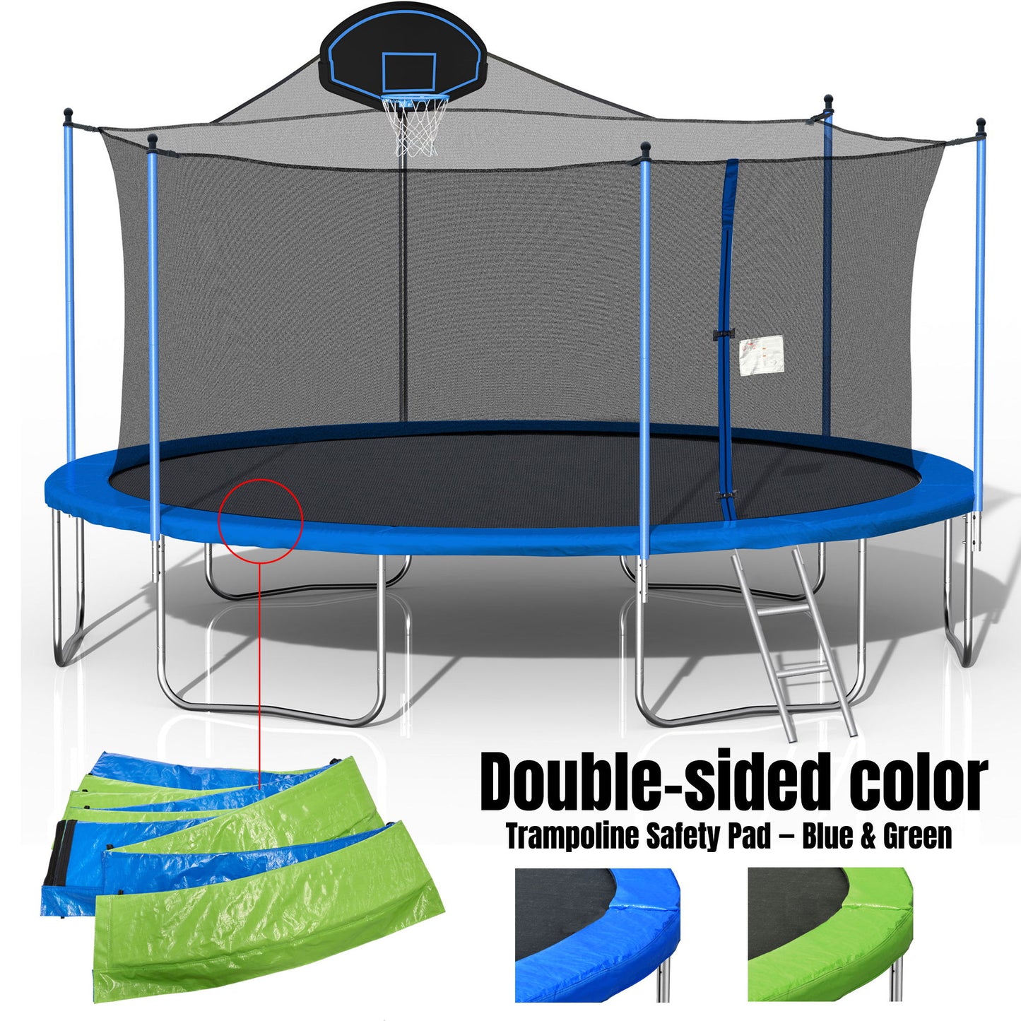 16Ft Trampoline For Adults & Kids With Basketball Hoop, Double-Sided Cover, Outdoor Trampolines With Ladder And Safety Enclosure Net For Kids And Adults - Blue Daily Nest