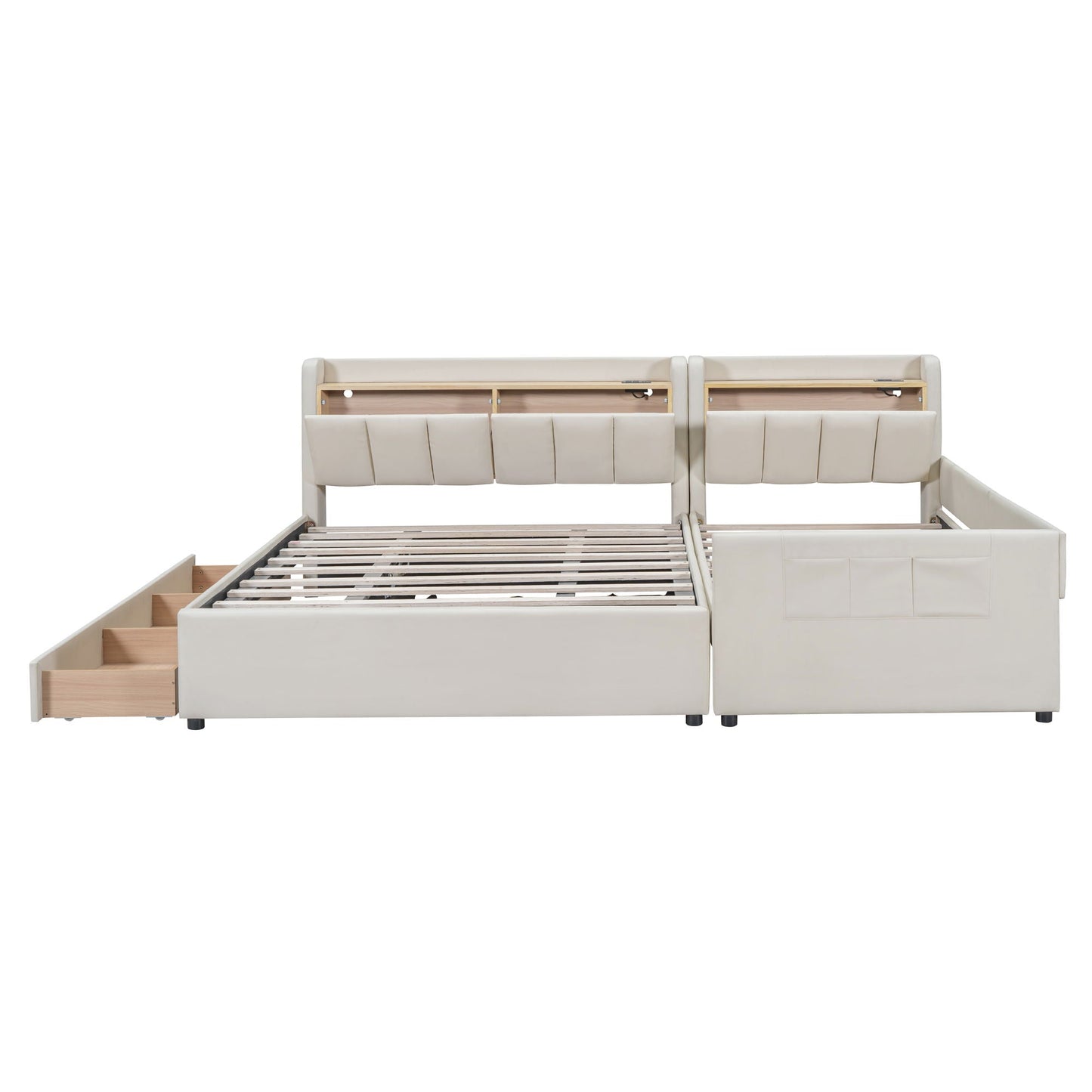 Upholstered Mother & Child Bed With Hydraulic Storage System, Drawer Box, Bedhead Storage Shelf And 2 Pairs Of Sockets & USB Ports Halcyon Home