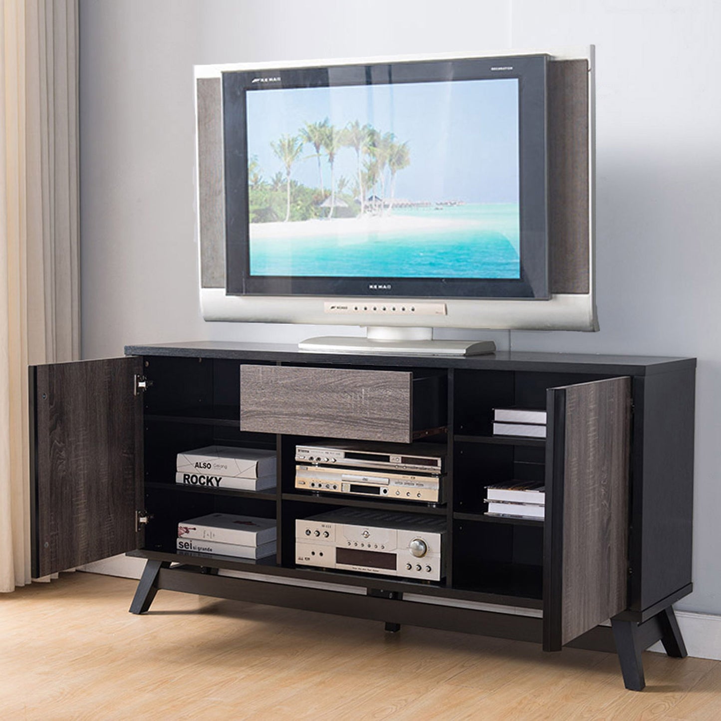 Sideboard TV Stand Buffet With 2 Doors 1 Drawer And 6 Shelves - Black / Gray Home Essentials