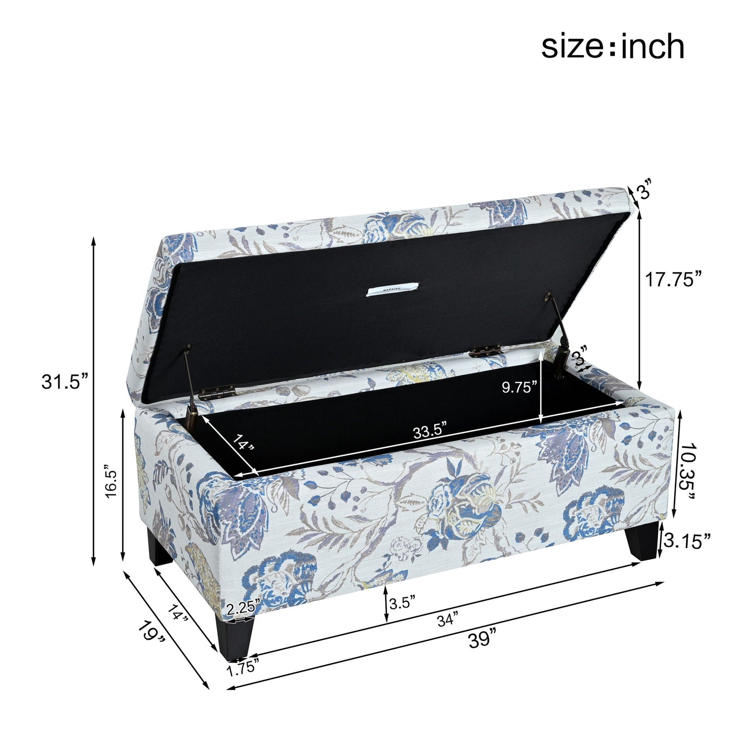 Luxury Storage Ottoman With Floral Patterned Fabric, Soft Close Hinges, Functional Footrest & Seat - Blue Flower / Blue Multi Noble House
