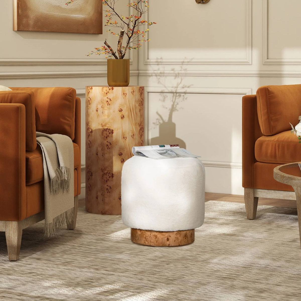 Tilly - Round Fur Upholstered / Burl Pouf Ottoman - White Jennifer Taylor Home
