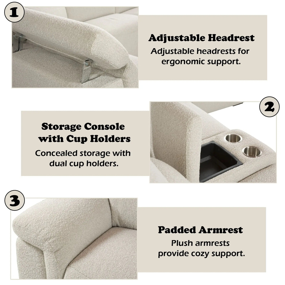 Dayana - Boucle Power Recliner Sectional Sofa For 5 People With Cupholder Console Adjustable Headrest - Beige Acme