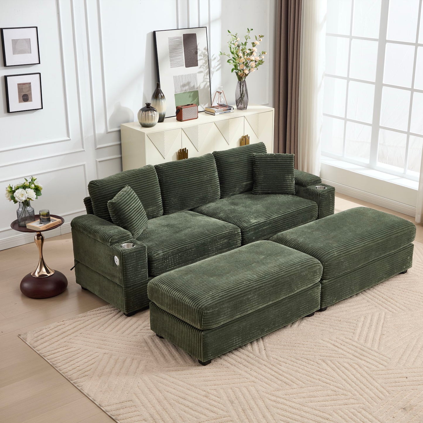 Convertible Sectional Sofa Bed Set With Armrest Storage, Cup Holder, USB, 4 Seater - Green Home Essentials