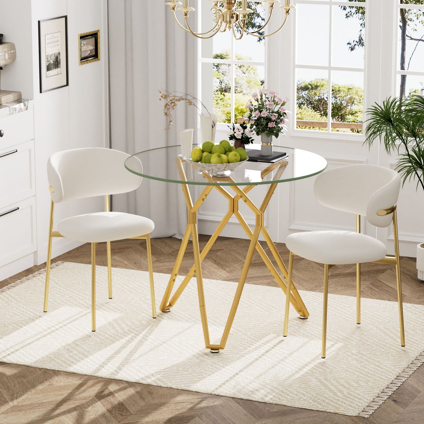 Modern Round Tempered Glass Dining Table With Sturdy Metal Legs For 1 - 4 People - Gold Home Essentials