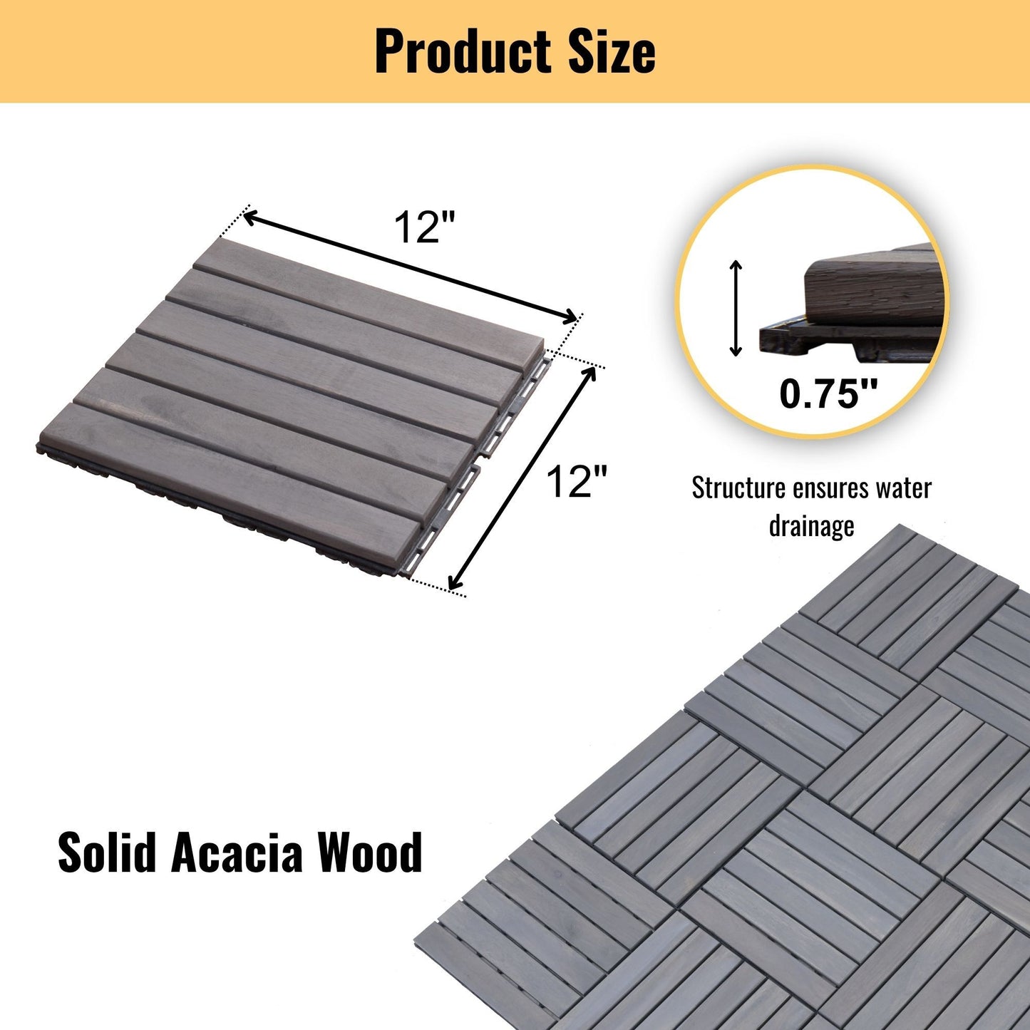 Interlocking Deck Tiles Striped Pattern, Square Acacia Hardwood Outdoor Flooring For Patio, Bancony, Pool Side Daily Nest
