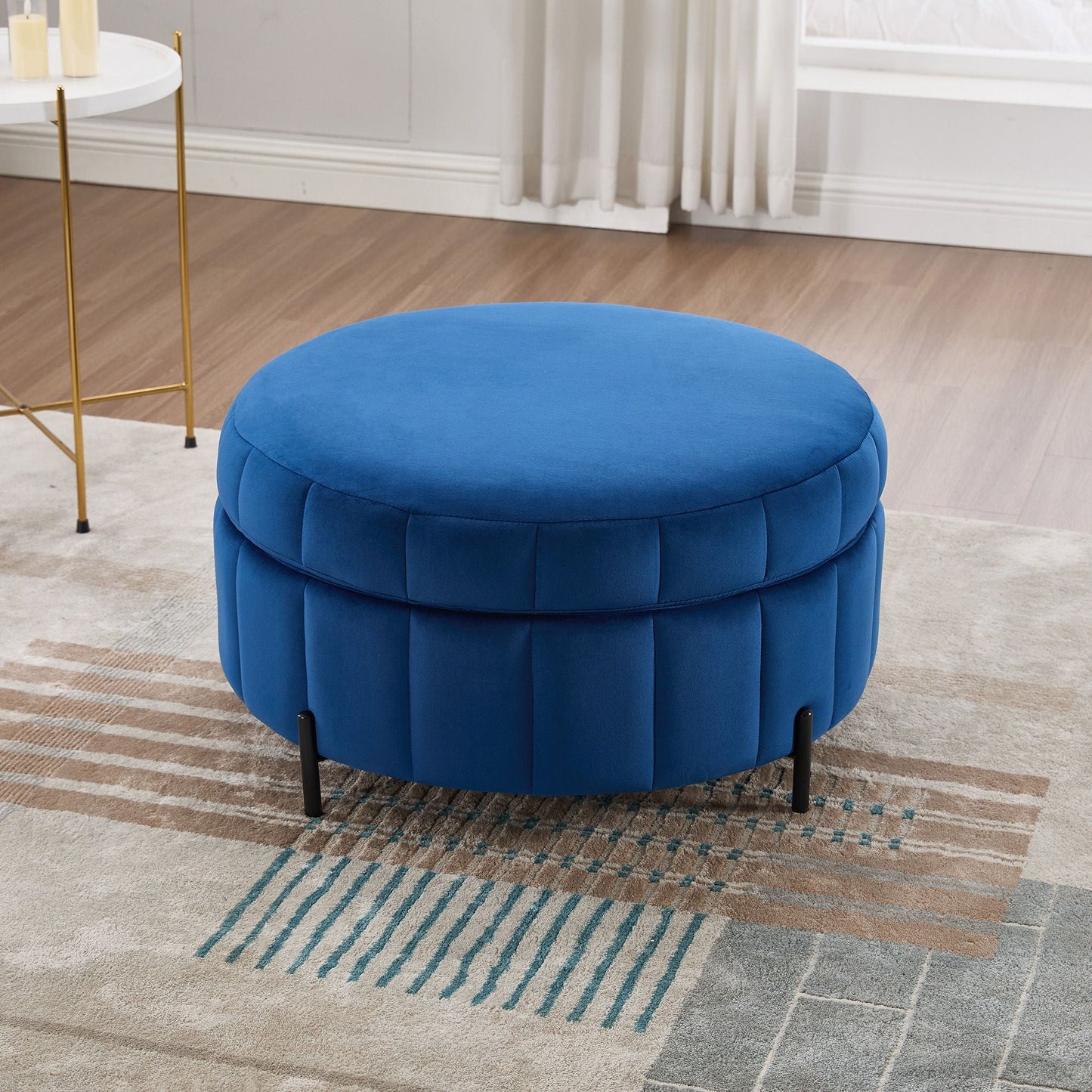Upholstered Round Ottoman With Reversible Lid, Channel Tufted Pumpkin Shape Home Essentials
