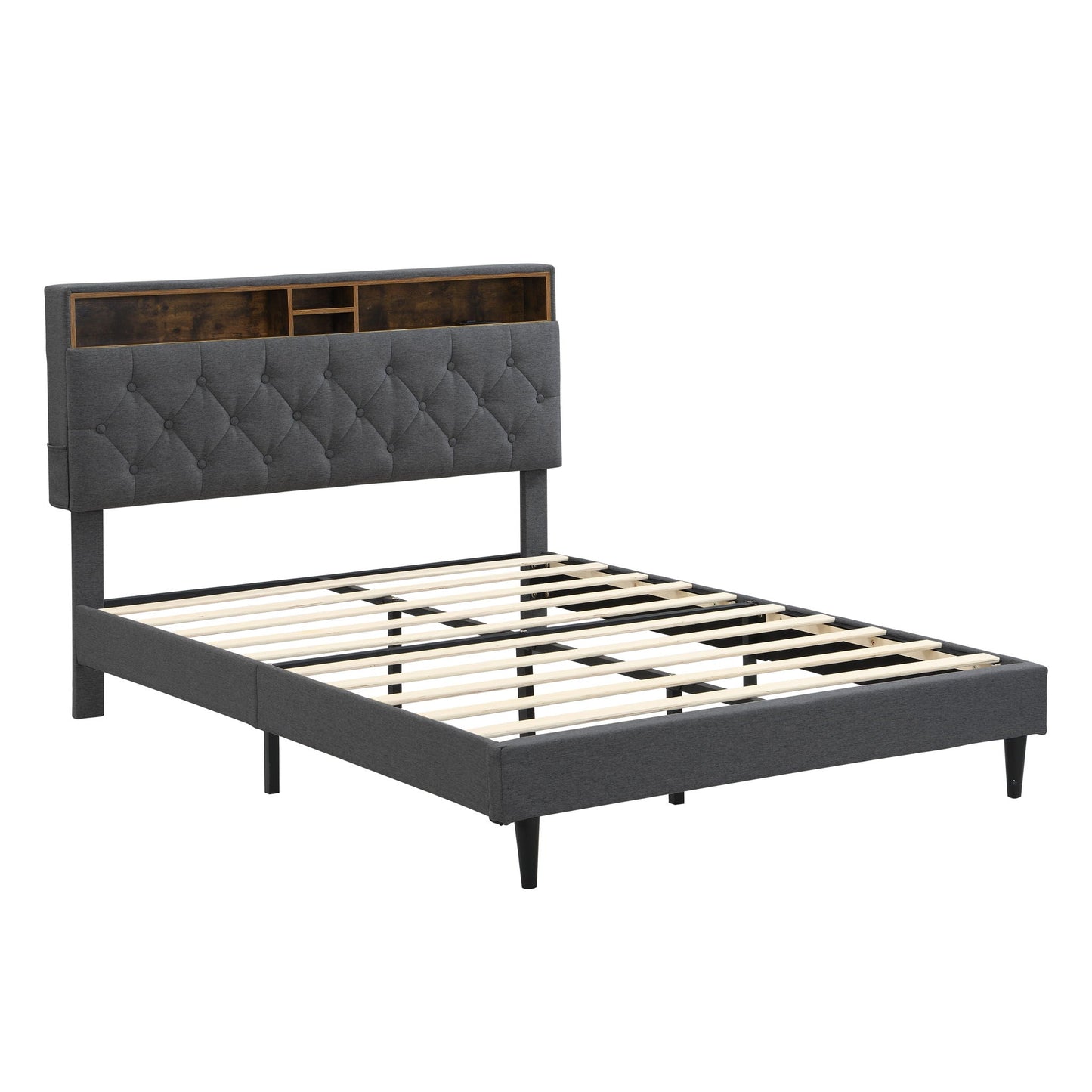 Modern Upholstered Platform Bed Frame With Button Tufted Headboard And USB Ports Home Essentials