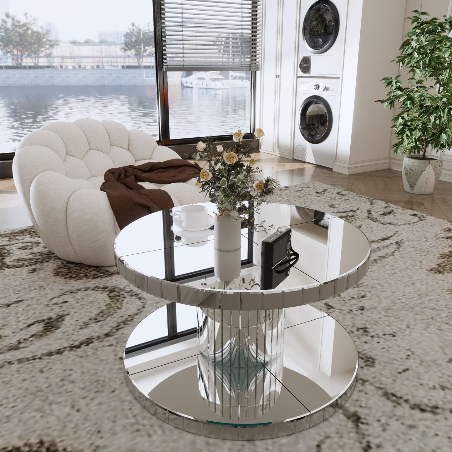 Luxury Double Tier Round Mirror Coffee & End Table With Fluted Glass Modern Sofa Side Table - Silver / Glass Home Essentials