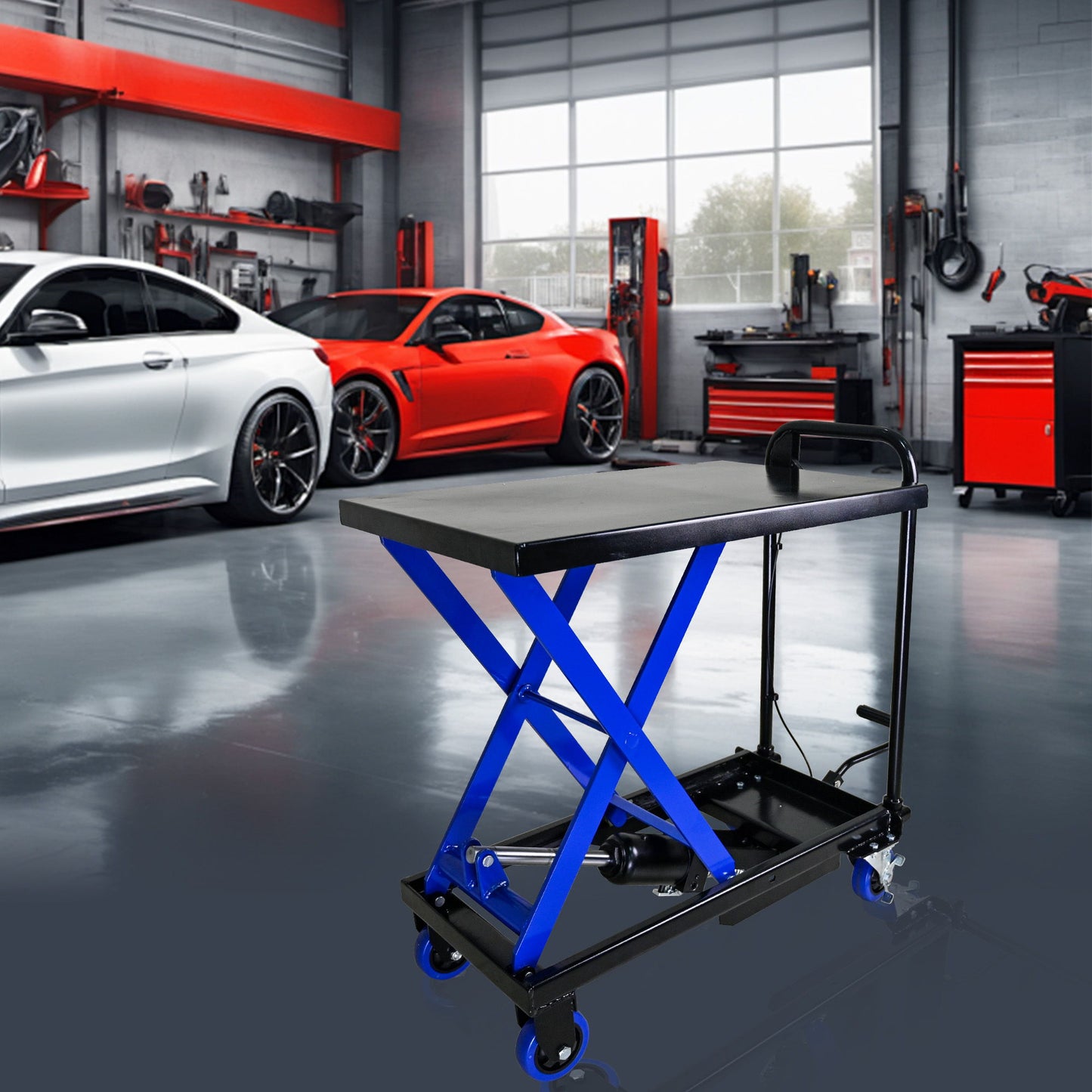 Hydraulic Lift Trolley, 500 Lbs Capacity, With 4 Wheels, For Material Handling And Transportation - Black / Blue Daily Nest