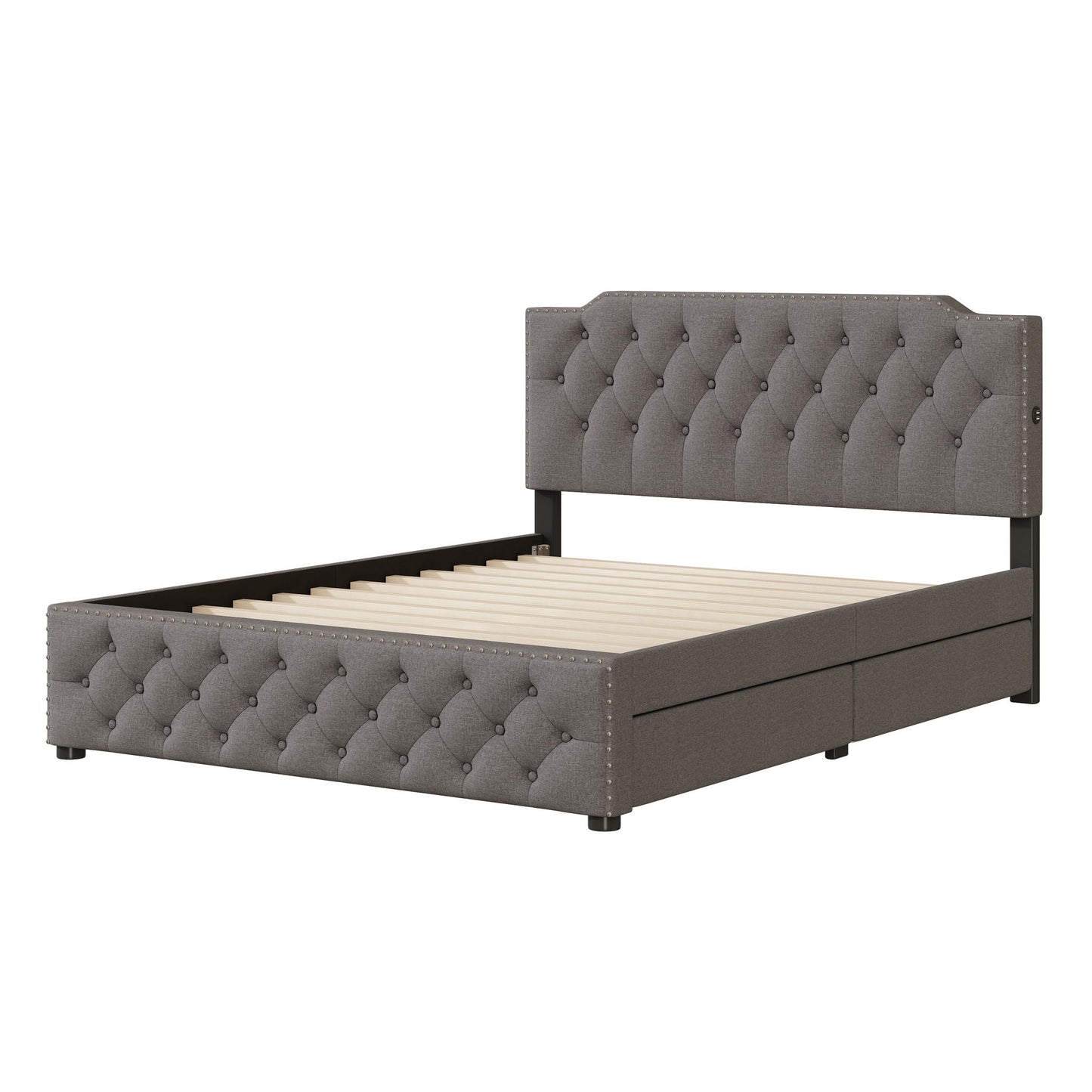 Upholstered Platform Bed With 2 Drawers And 2 Sets Of USB Ports On Each Side, Linen Fabric Halcyon Home