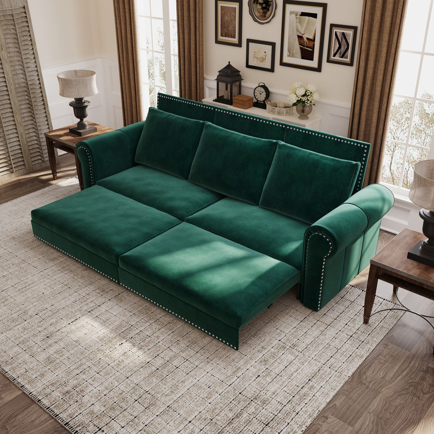 3 In 1 Convertible Sleeper Sofa With Nailhead Trim & Rolled Arm Home Essentials