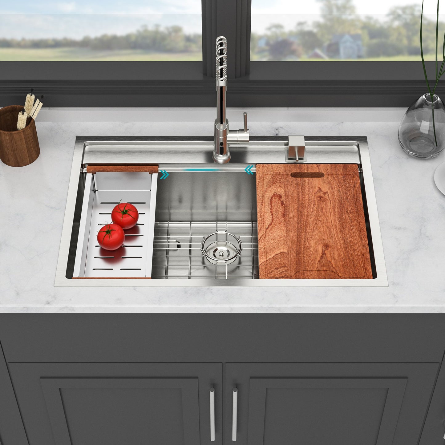 33" Drop In Kitchen Sink With Workstation, 16 Gauge Stainless Steel - Brushed Nickel Daily Nest